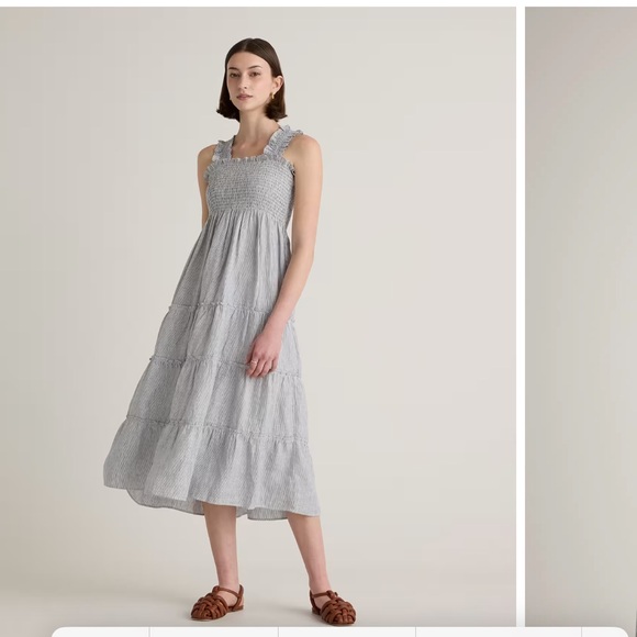 Quince Dresses & Skirts - Quince 100% European Linen Smocked Midi Dress pinstripe Sz L NEW